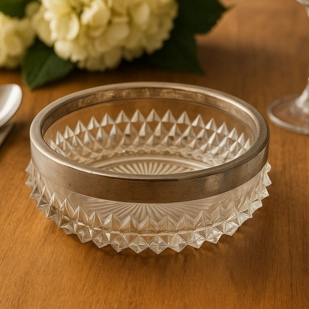 Vintage Pressed Glass Bowl w/ Silver Plated Rim‎ | Mid Century Starburst Pattern